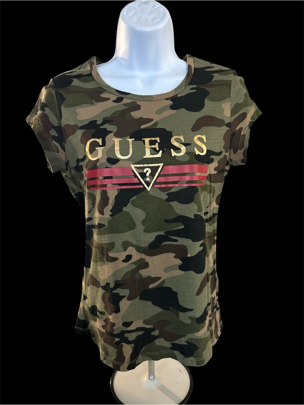GUESS Olive Camo Short Sleeve Tee with Gold Logo and Red Stripe